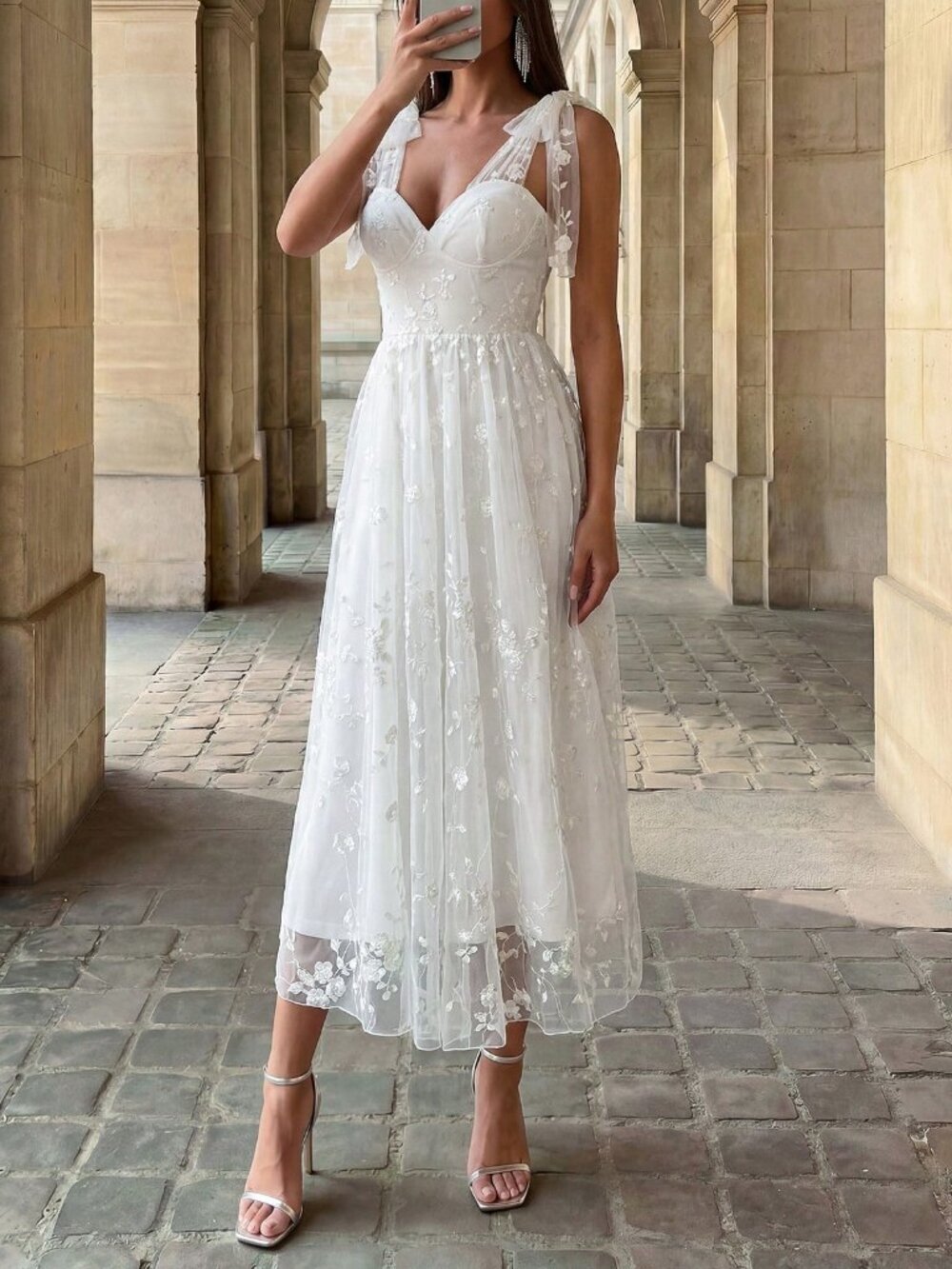 White Elegant Women's lacey midi Dress - Picture 4 of 6